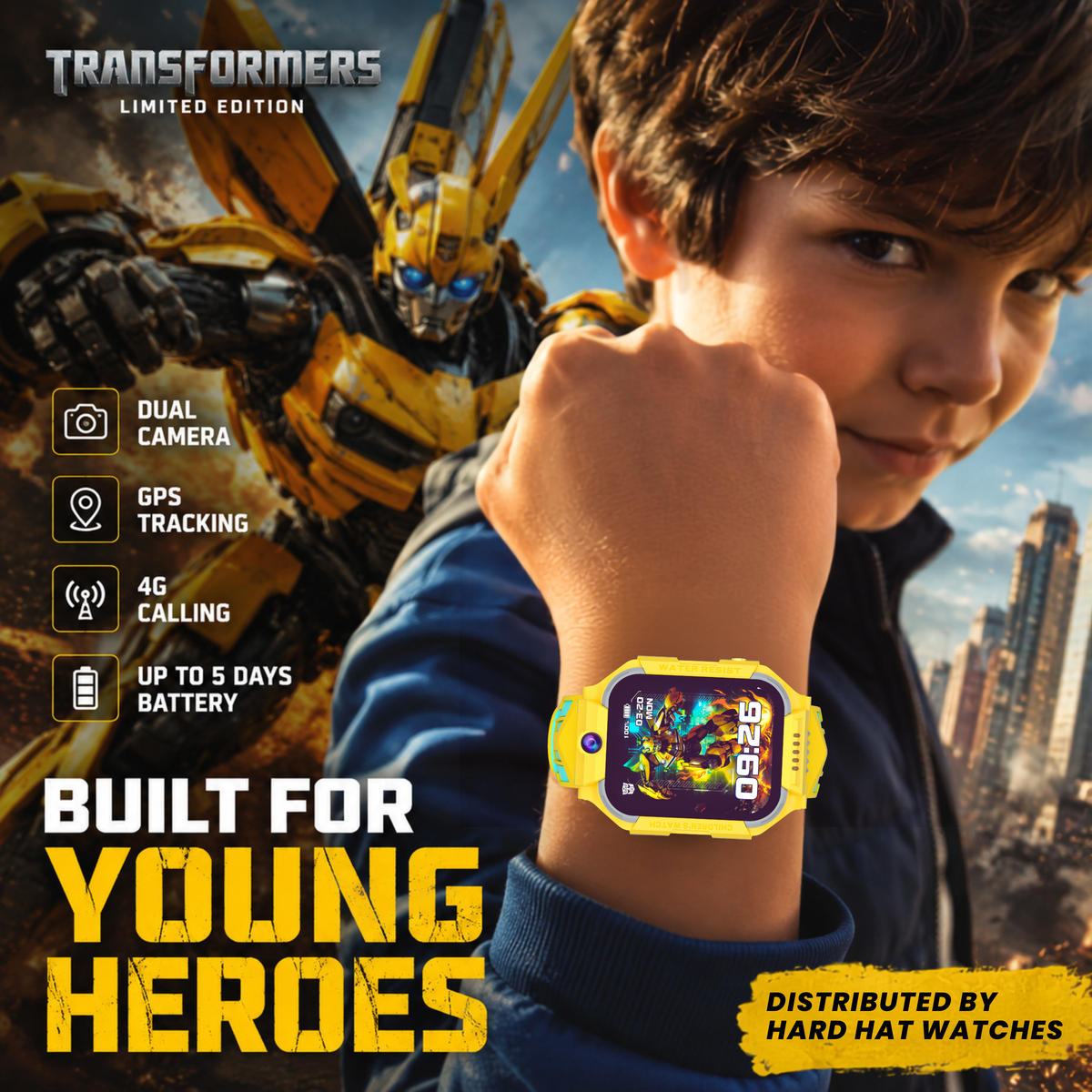 A young boy in a blue jacket wears a colorful Transformers-themed smart watch on his wrist, with a large Bumblebee character graphic in the background. The image includes feature callouts like dual camera, GPS tracking, 4G calling, and up to 5 days battery, plus text reading 'Built for Young Heroes' and 'Distributed by Hard Hat Watches.