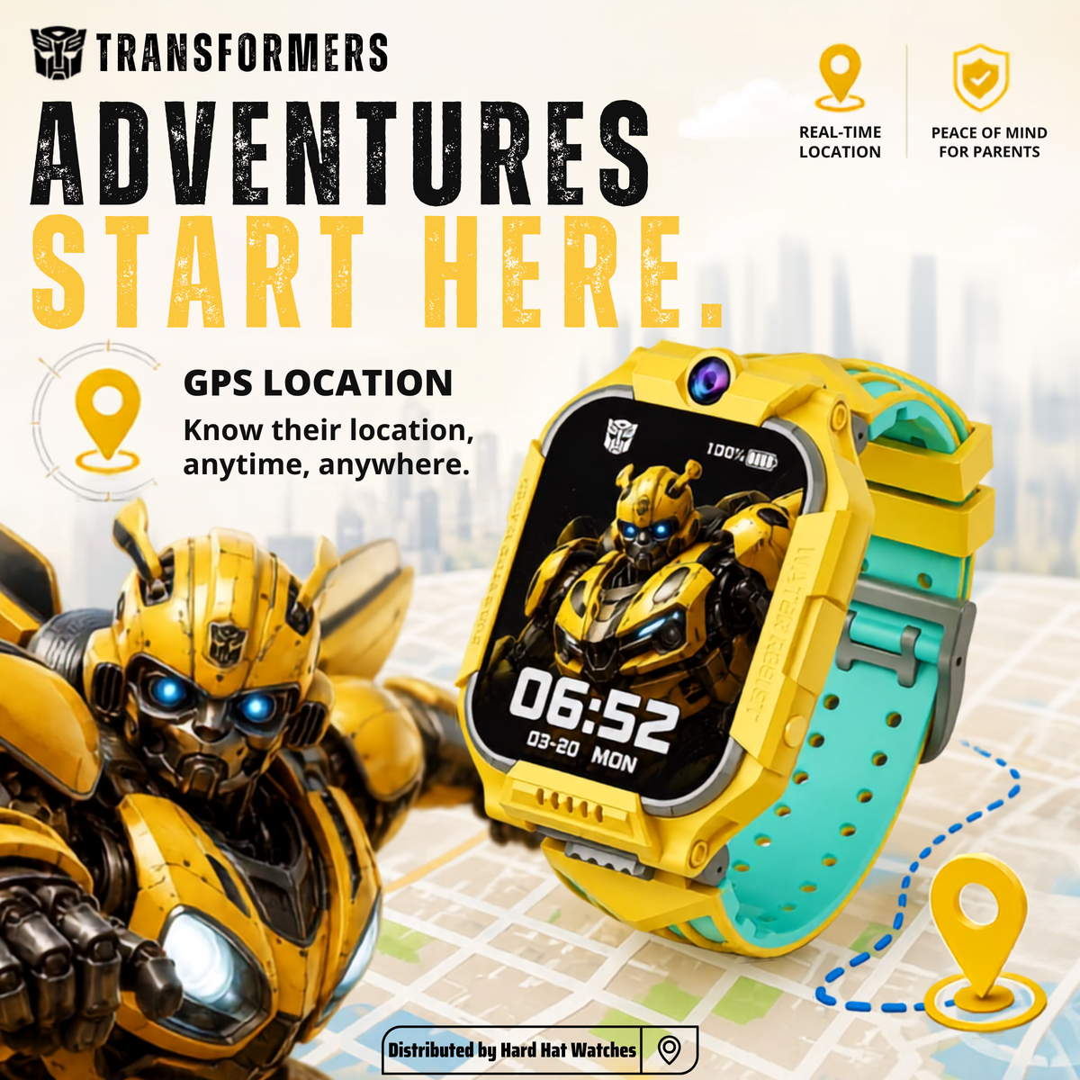 A yellow and turquoise Transformers-themed kids' smartwatch is featured in a promotional graphic with Bumblebee artwork, GPS icons, and text highlighting real-time location and parental peace of mind. The watch face shows a Bumblebee wallpaper and the time 06:52.