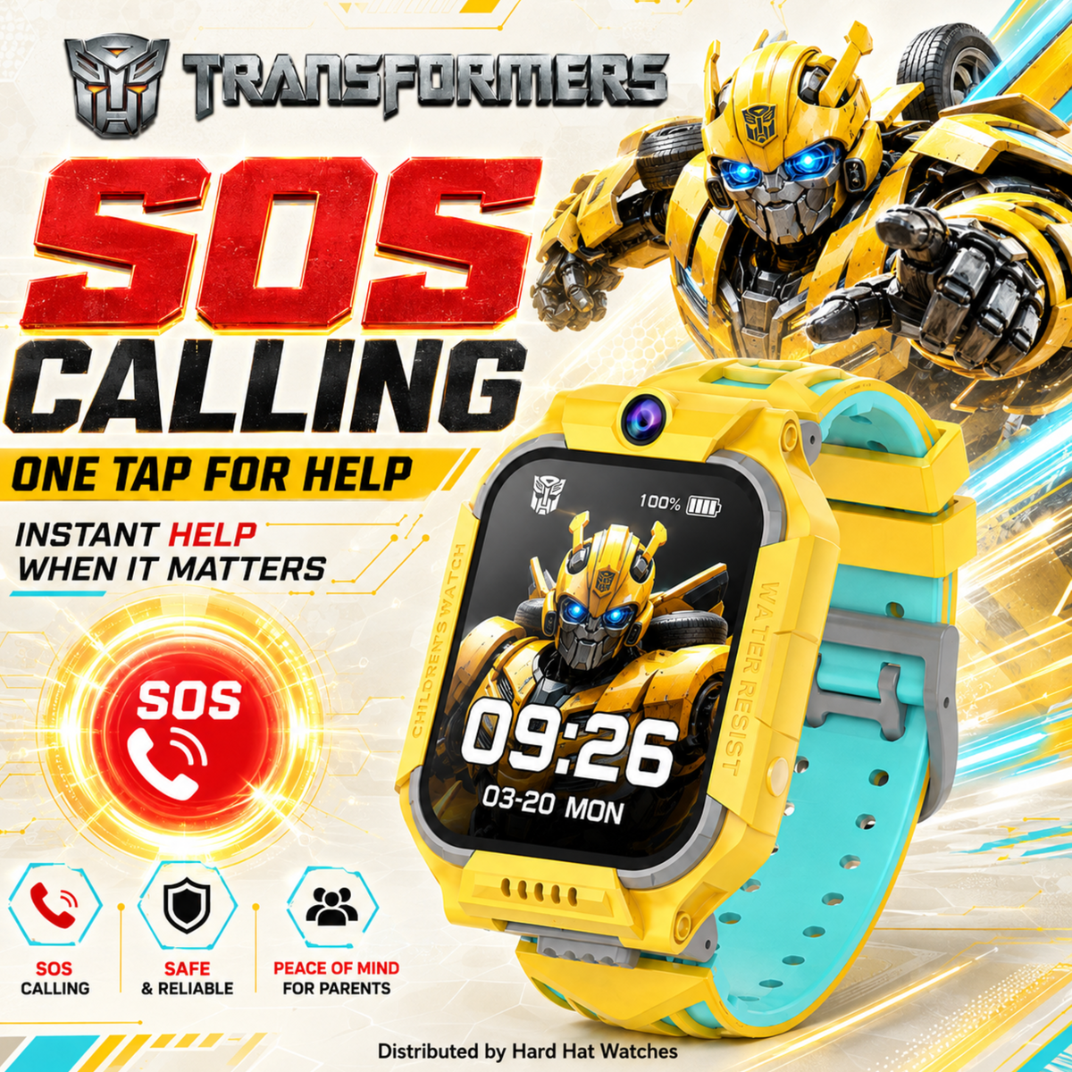 Yellow and turquoise Transformers-themed kids' smartwatch with a colorful graphic display, shown with a large Bumblebee character and promotional text including 'SOS CALLING' and 'One Tap for Help'.
