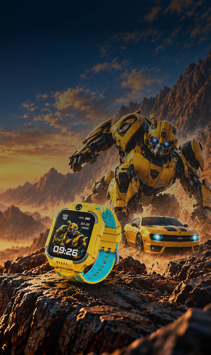 A yellow and turquoise smartwatch with a Transformers Bumblebee design is shown in the foreground on a rocky mountain landscape, with a yellow robot and a yellow sports car in the background.