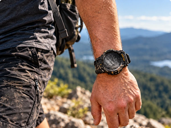 A rugged black outdoor watch with a textured bezel and dark dial, worn on a person's wrist in a mountain landscape setting.