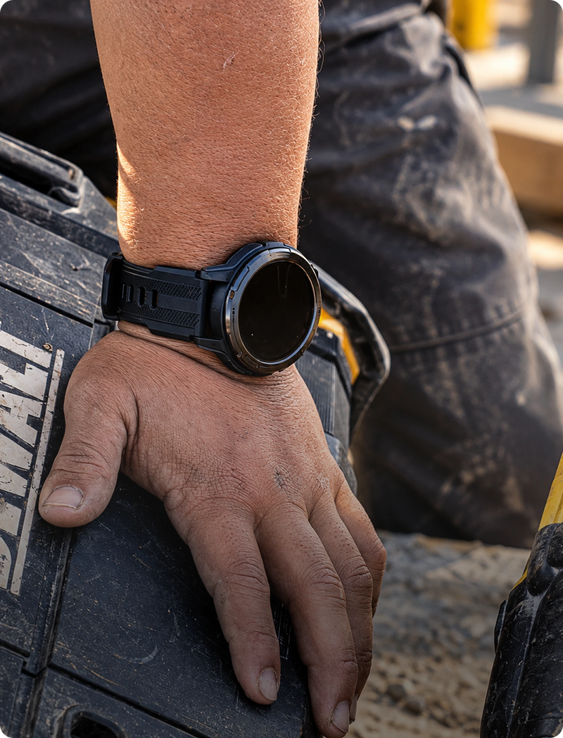 A close-up of a person's hand resting on a black tool case while wearing a black smartwatch with a round face and textured strap.