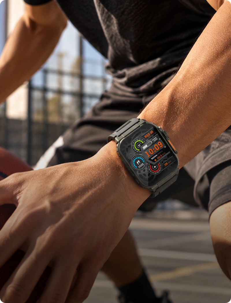 A close-up lifestyle shot of a person wearing a rugged black smartwatch with a digital sports display on their wrist, set against an outdoor basketball court background.