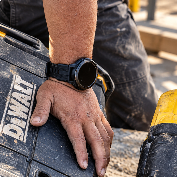 A close-up of a person's hand resting on a black DeWalt tool case while wearing a black smartwatch with a black strap.
