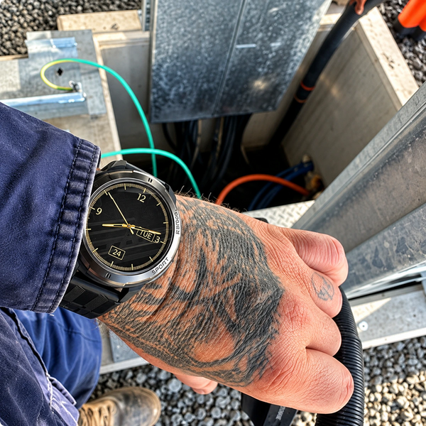 A close-up of a person's tattooed hand wearing a rugged black smartwatch with a black strap and a silver-toned bezel, set against an outdoor industrial background.