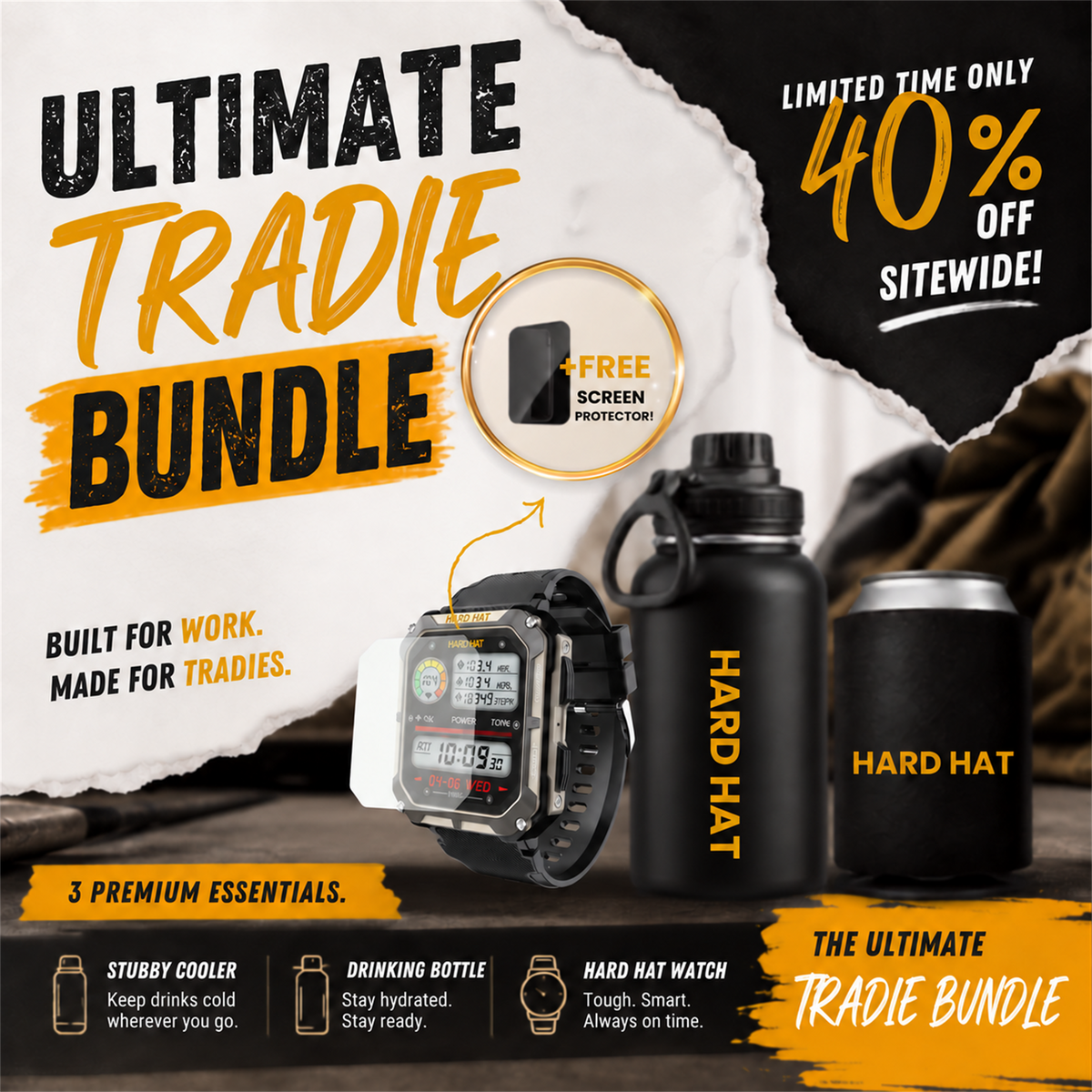 Promotional graphic for the Ultimate Tradie Bundle, featuring a black smartwatch, a black insulated bottle, and a black hard hat can cooler on a rocky background with torn paper effects and sale text.
